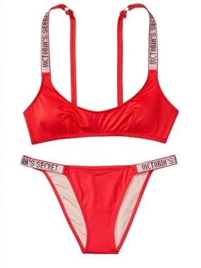Victoria's Secret Bright Red Logo Shine Strap Bikini Set